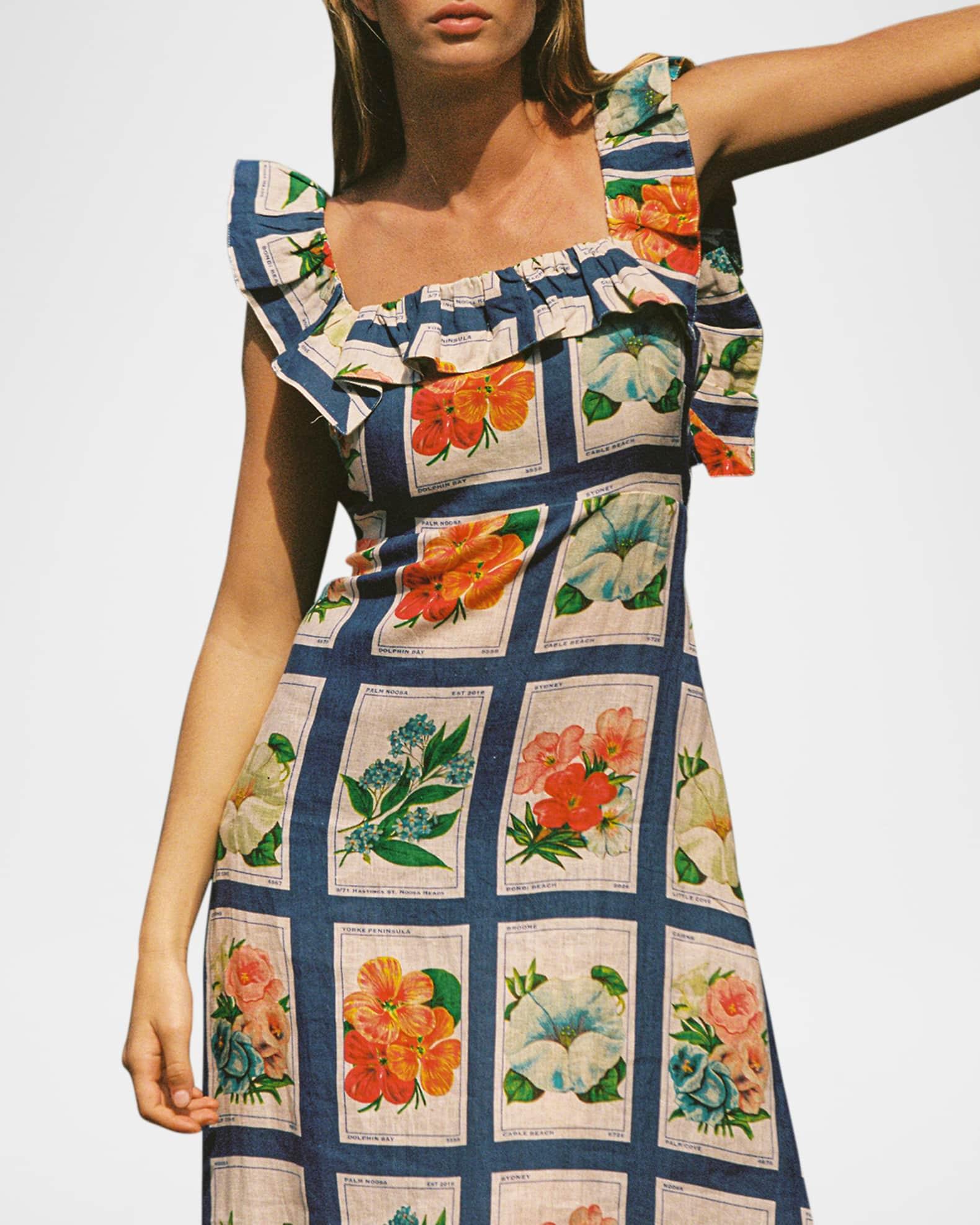 Ruffle-Trim Vintage Botanical Linen Maxi Dress Product Image