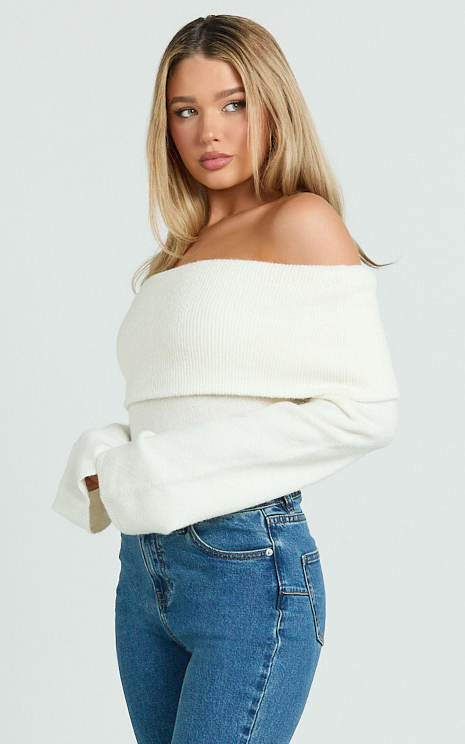 Darcie Top - Off Shoulder Long Sleeve Knitted Top in Cream Product Image