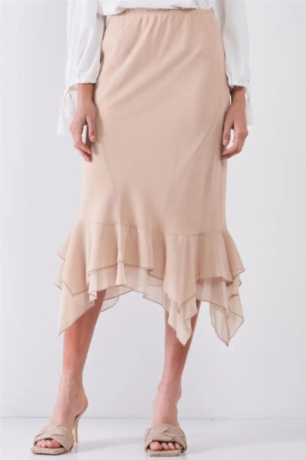 High-Waisted Fitted Asymmetrical Flare Hem Midi Pencil Skirt Product Image