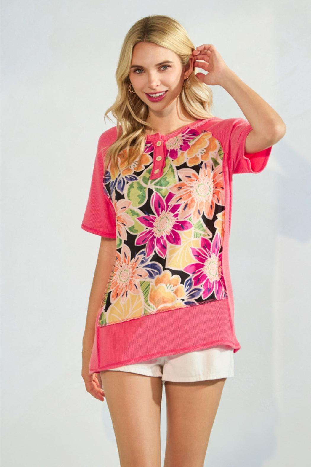 Floral Knit Button Front Short Sleeve Top Product Image