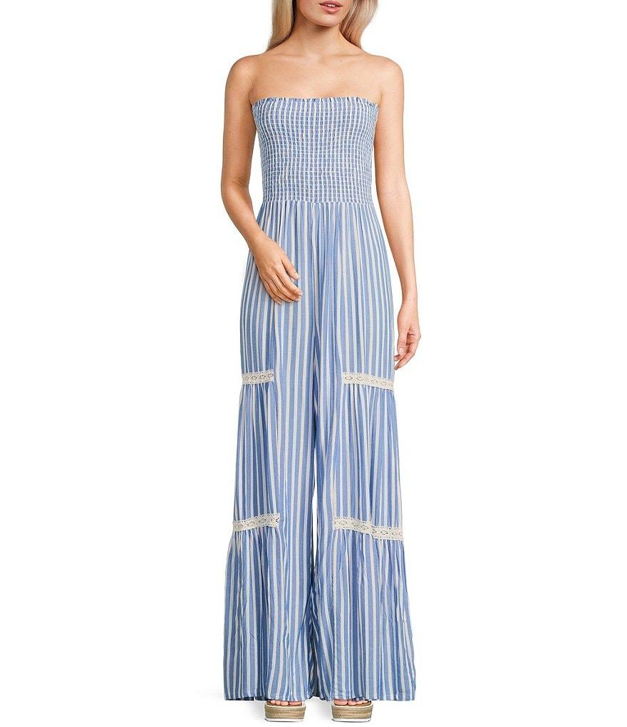 Angie Strapless Smocked Tube Stripe Crochet Trim Jumpsuit Product Image