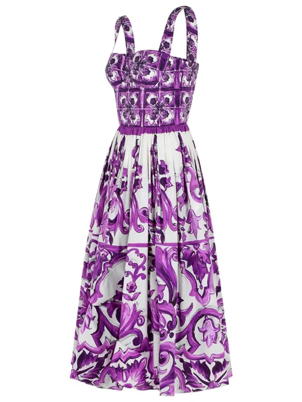 DOLCE & GABBANA Women Cotton Midi Dress With Maiolica Print In Purple Product Image