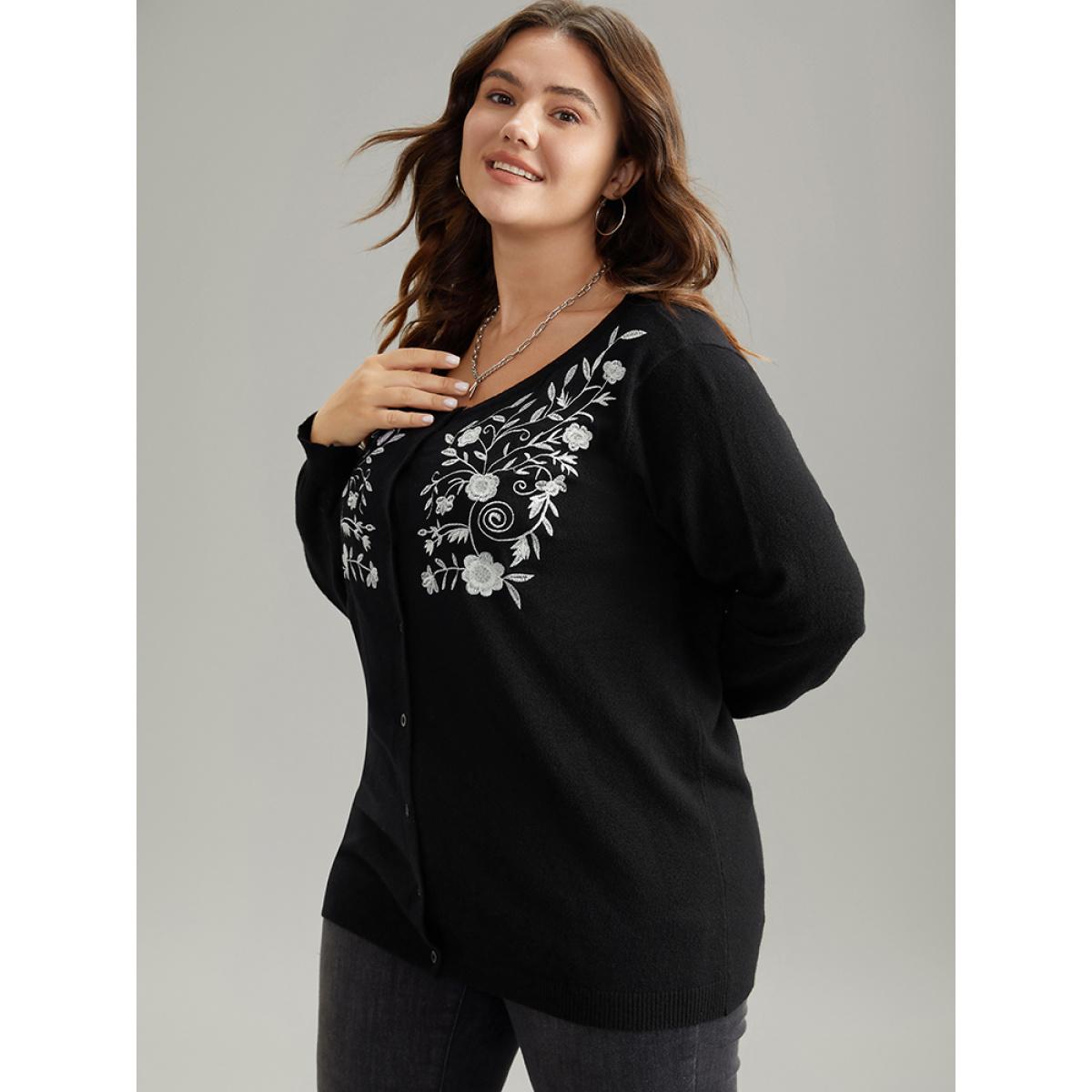 Plus Size Supersoft Essentials Anti-Pilling Silhouette Floral Print Cardigan Black Women Casual Loose Long Sleeve Dailywear Cardigans BloomChic 18-20/2X Product Image