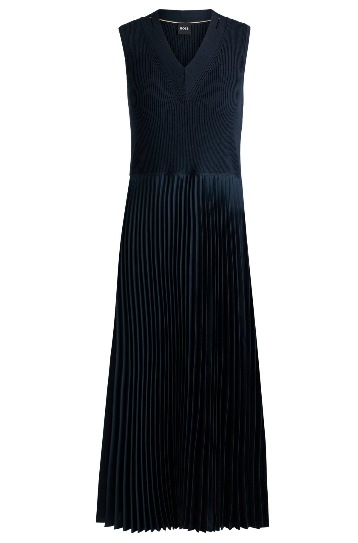 BOSS - Mixed-material dress with plissé skirt - Dark Blue Product Image