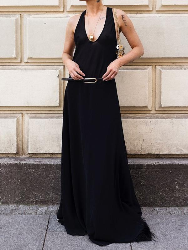 Loose Sleeveless Belted See-Through Solid Color Halter-Neck Maxi Dresses Product Image