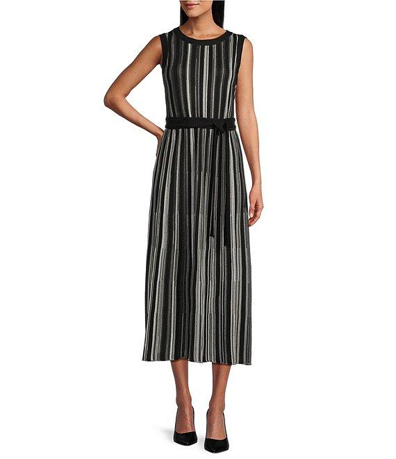 MISOOK Ribbed Knit Crew Neck Sleeveless Belted Midi Dress Product Image