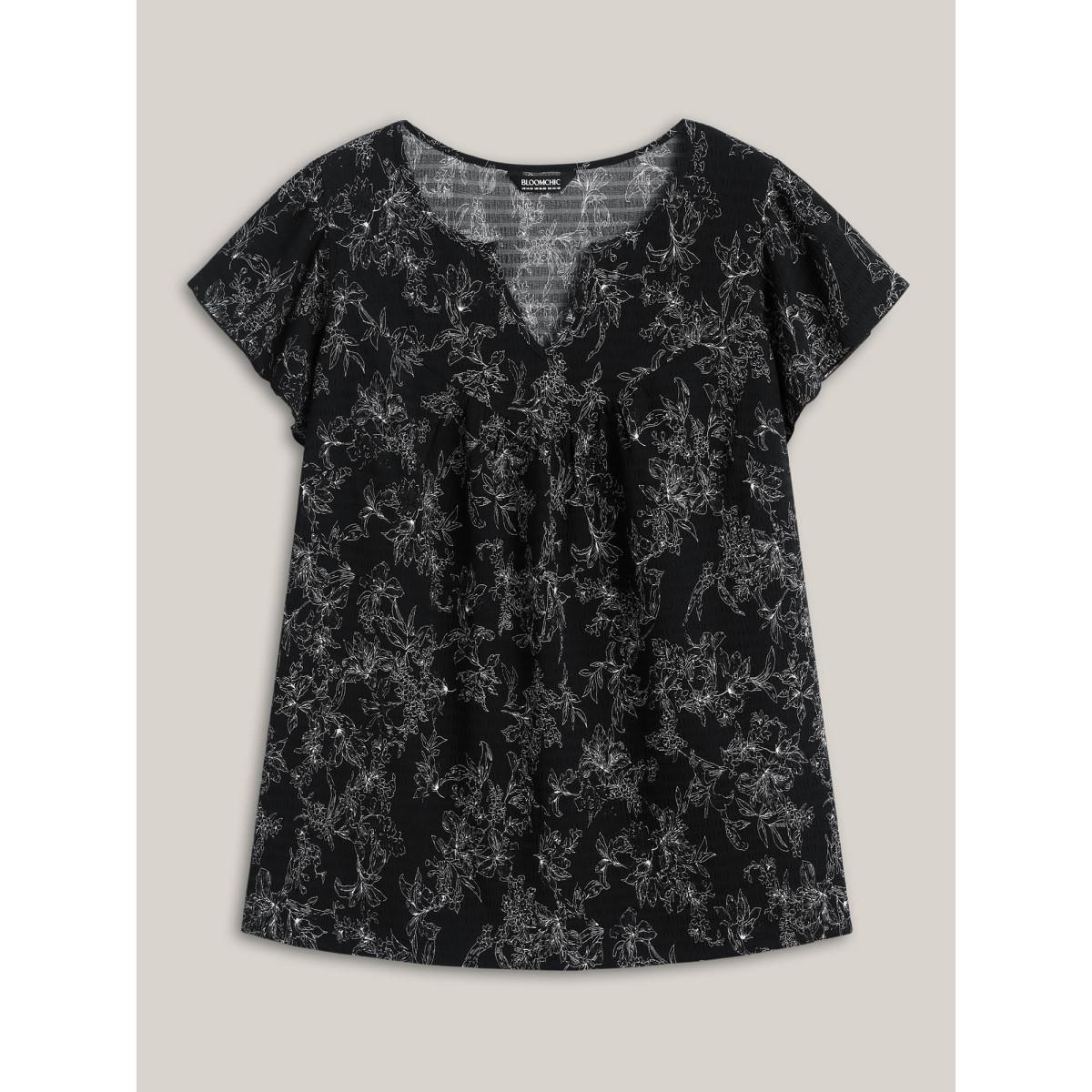 Plus Size Black Silhouette Floral Print Flutter Sleeve Blouse Women Timeless Cap Sleeve Notched collar Elegant Blouses BloomChic 18-20/2X Product Image