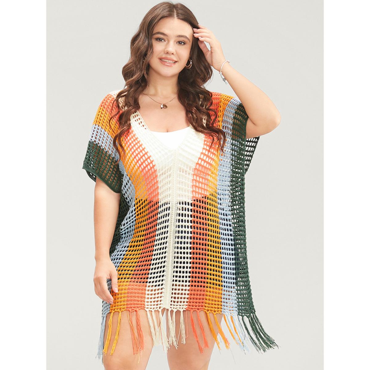 Plus Size Colorblock Contrast Dolman Sleeve Cut Out Tassels Hem Knit Top Multicolor Women Vacation Loose Sleeveless V-neck Dailywear Pullovers BloomChic 10/M Product Image