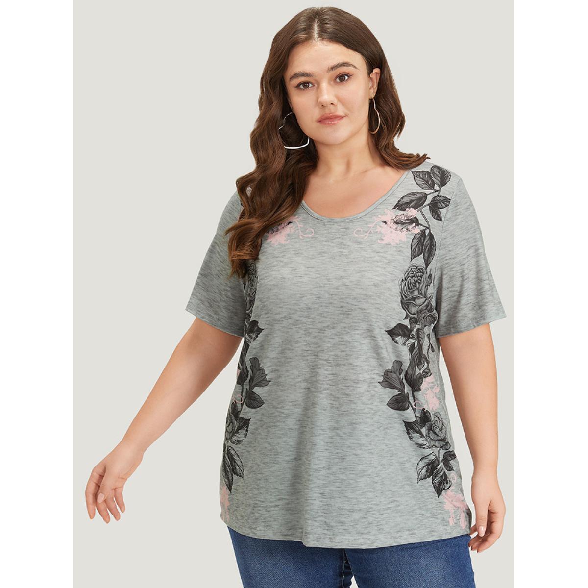 Plus Size Floral Print Contrast Crew Neck T-shirt Gray Women Elegant Printed Floral Round Neck Dailywear T-shirts BloomChic 28/5X Product Image