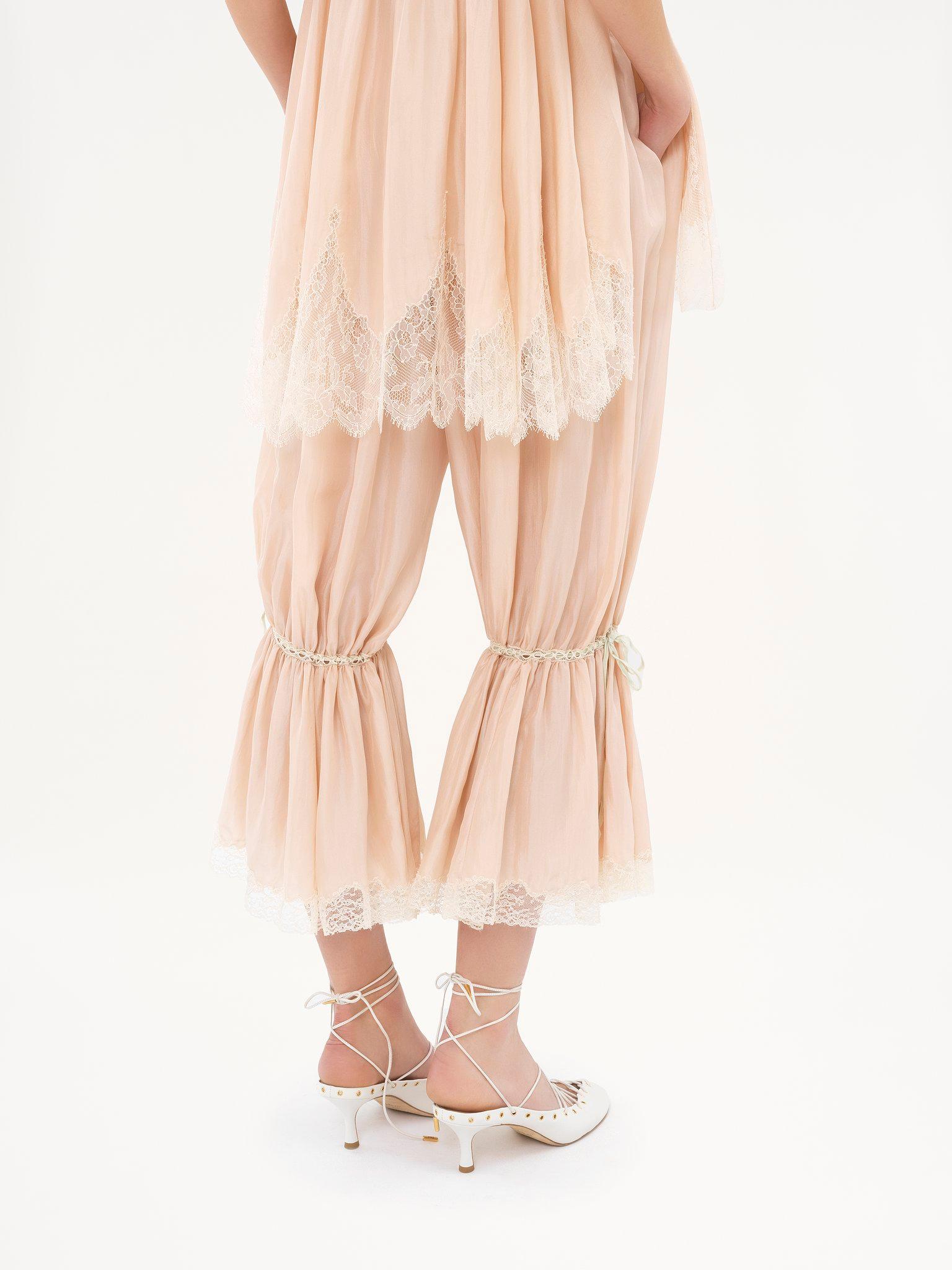 Fluid cropped pants in washed silk pongé & lace Product Image