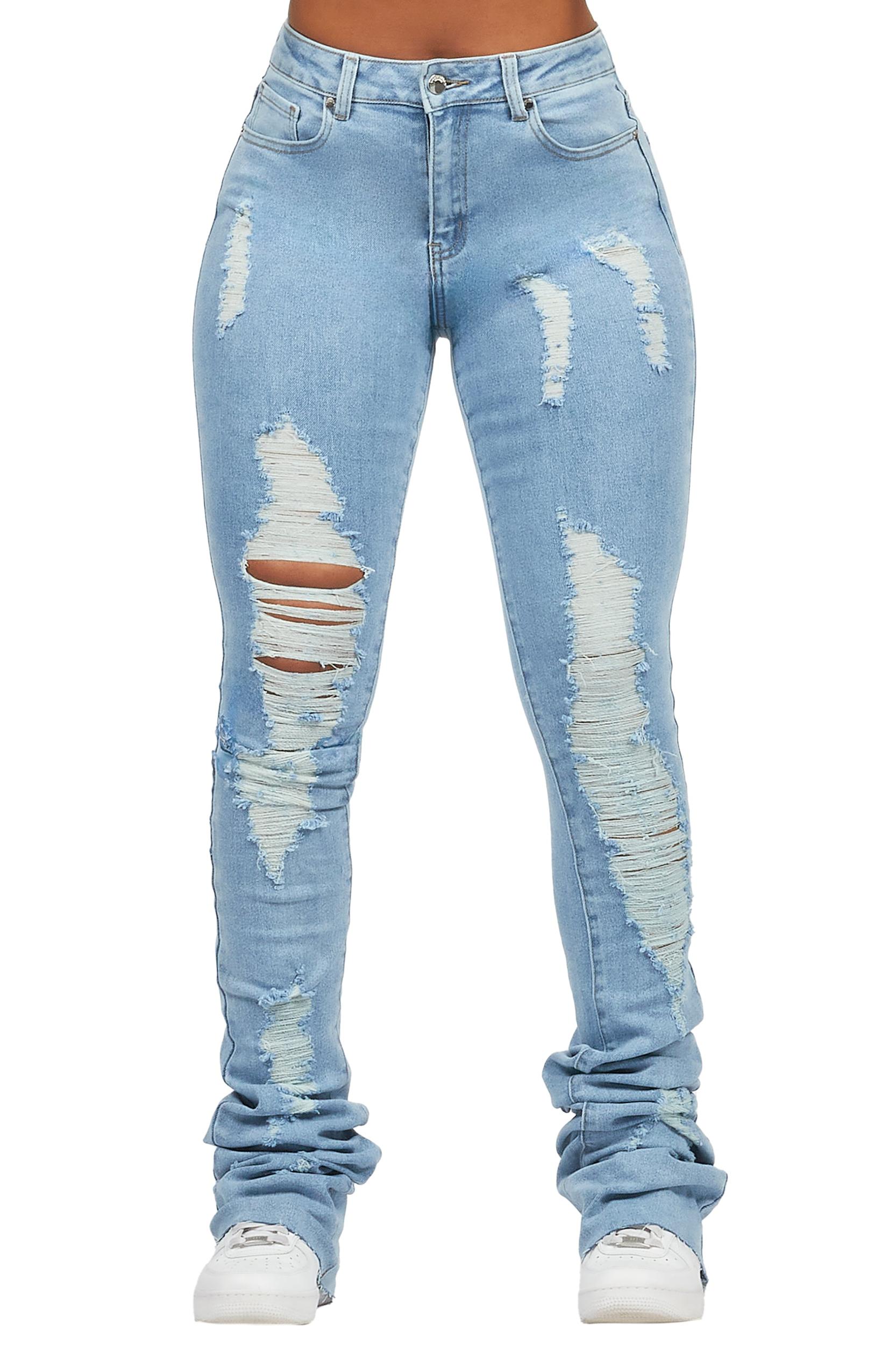 Got A Crush Light Wash Distressed Super Stacked Jean Female Product Image