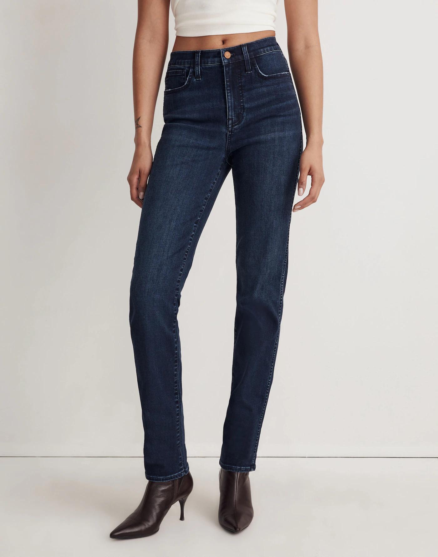 High-Rise Slim Straight Jeans in Larchley Wash: TENCEL™ Denim Edition Product Image