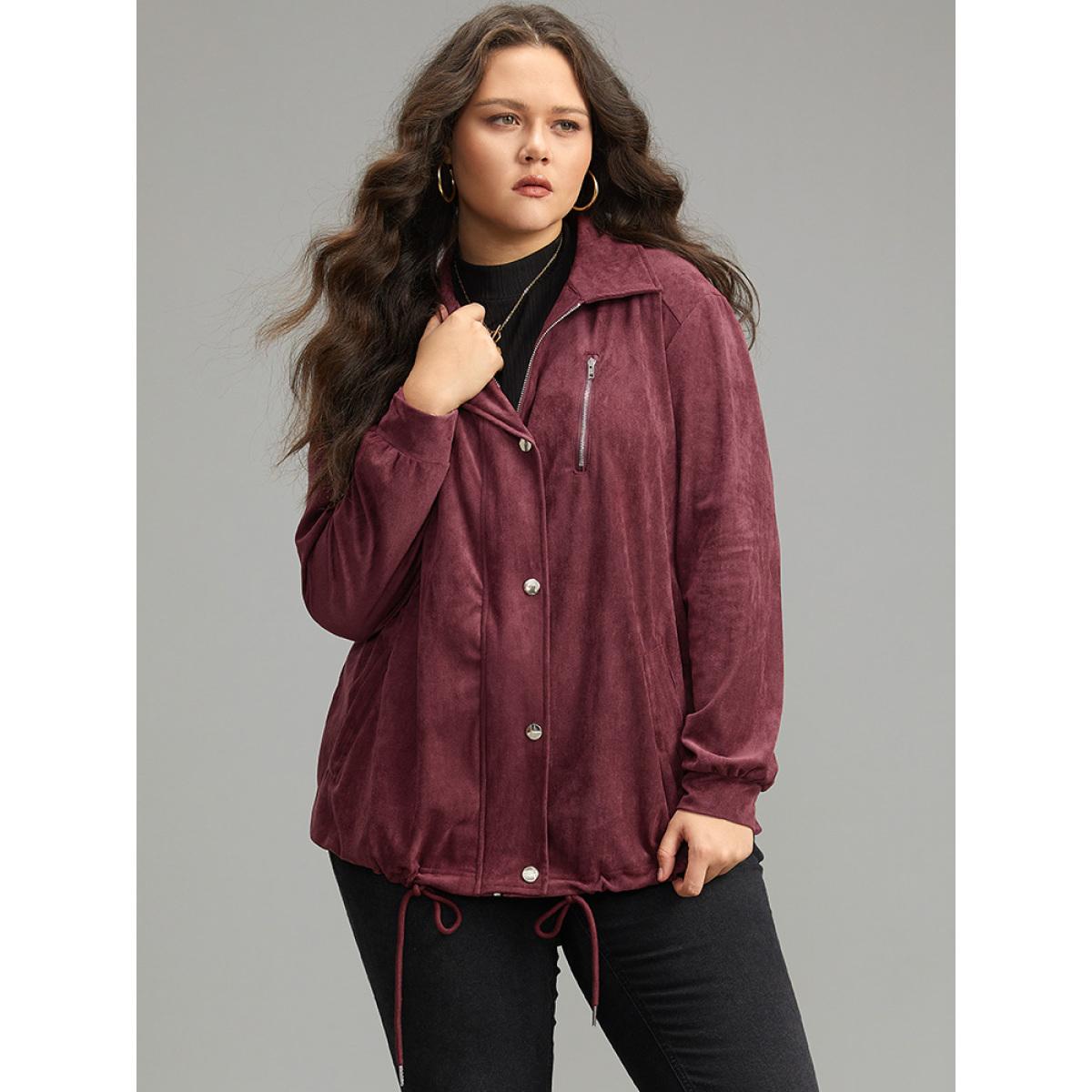 Plus Size Plain Pocket Zipper Fly Drawstring Jacket Women Burgundy Plain Pocket Dailywear Jackets BloomChic 10/M Product Image
