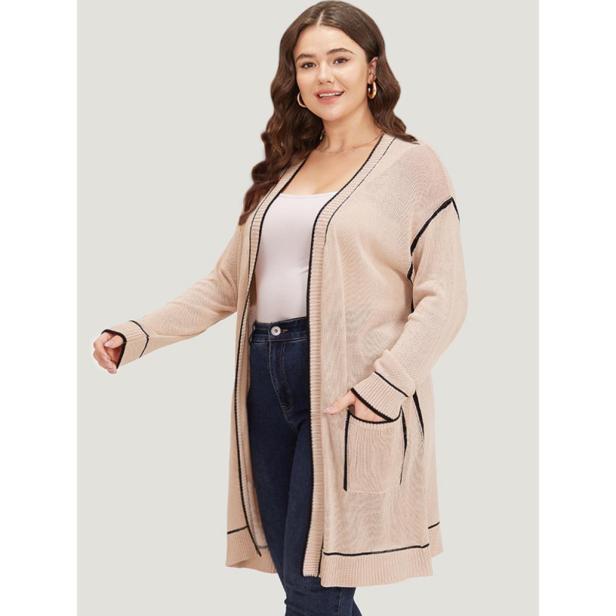 Plus Size Contrast Trim Patched Pocket Drop Shoulder Cardigan Champagne Women Casual Loose Long Sleeve Everyday Cardigans BloomChic 28/5X Product Image