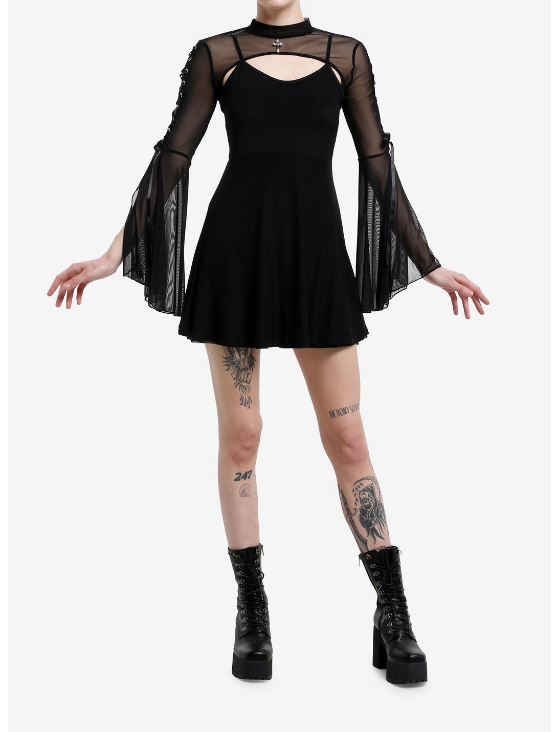 Cosmic Aura Cross Mesh Bell Sleeve Lace-Up Twofer Dress Product Image
