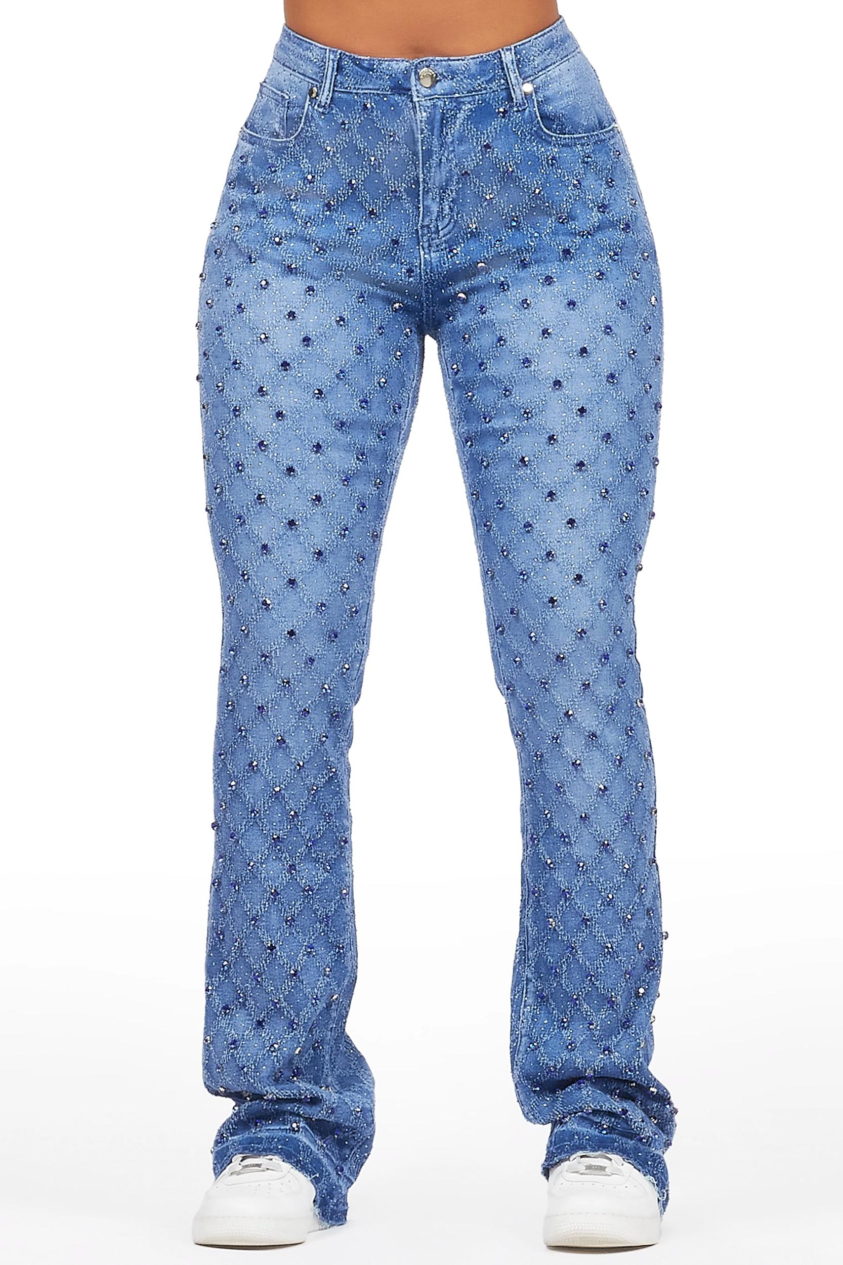Sareka Royal Blue Rhinestone Stacked Flare Jean Female Product Image