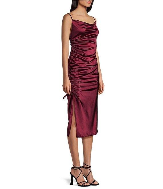 B. Darlin Satin Cowl Neck Drawstring Side Slit Midi Dress Product Image