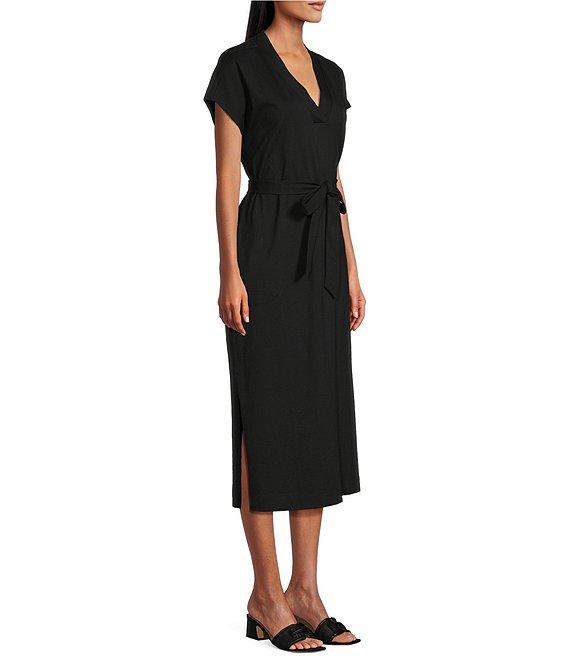Tommy Bahama Islandscape Jersey V-Neck Short Sleeve Self-Belted Midi Dress Product Image