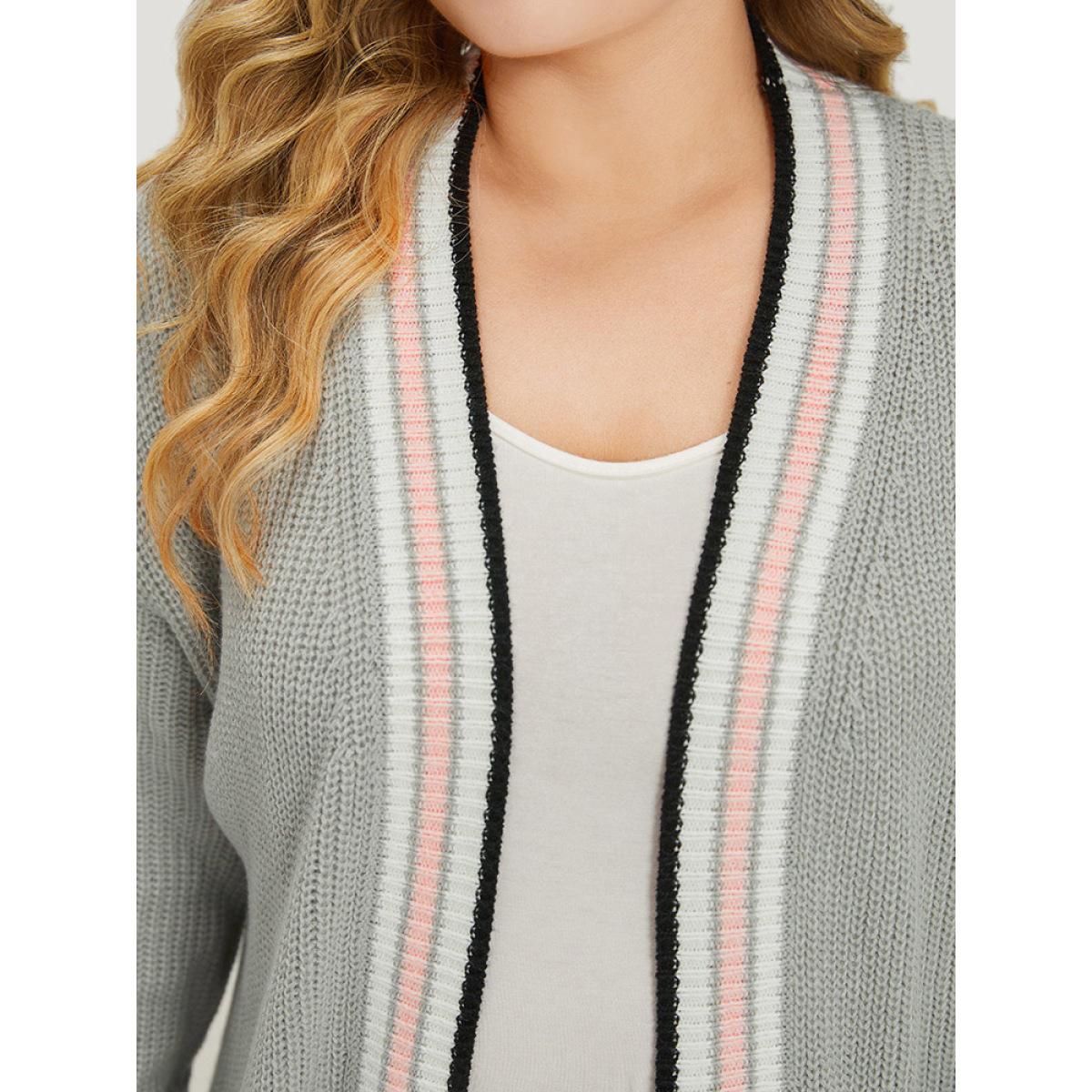 Plus Size Striped Contrast Drop Shoulder Elastic Cuffs Cardigan LightGray Women Casual Loose Long Sleeve Dailywear Cardigans BloomChic 12/L Product Image