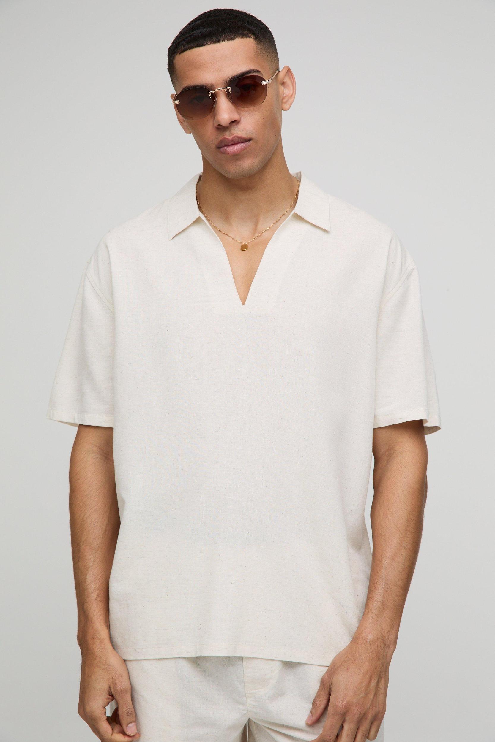 Oversized V-Neck Overhead Linen Shirt | boohooMAN USA Product Image