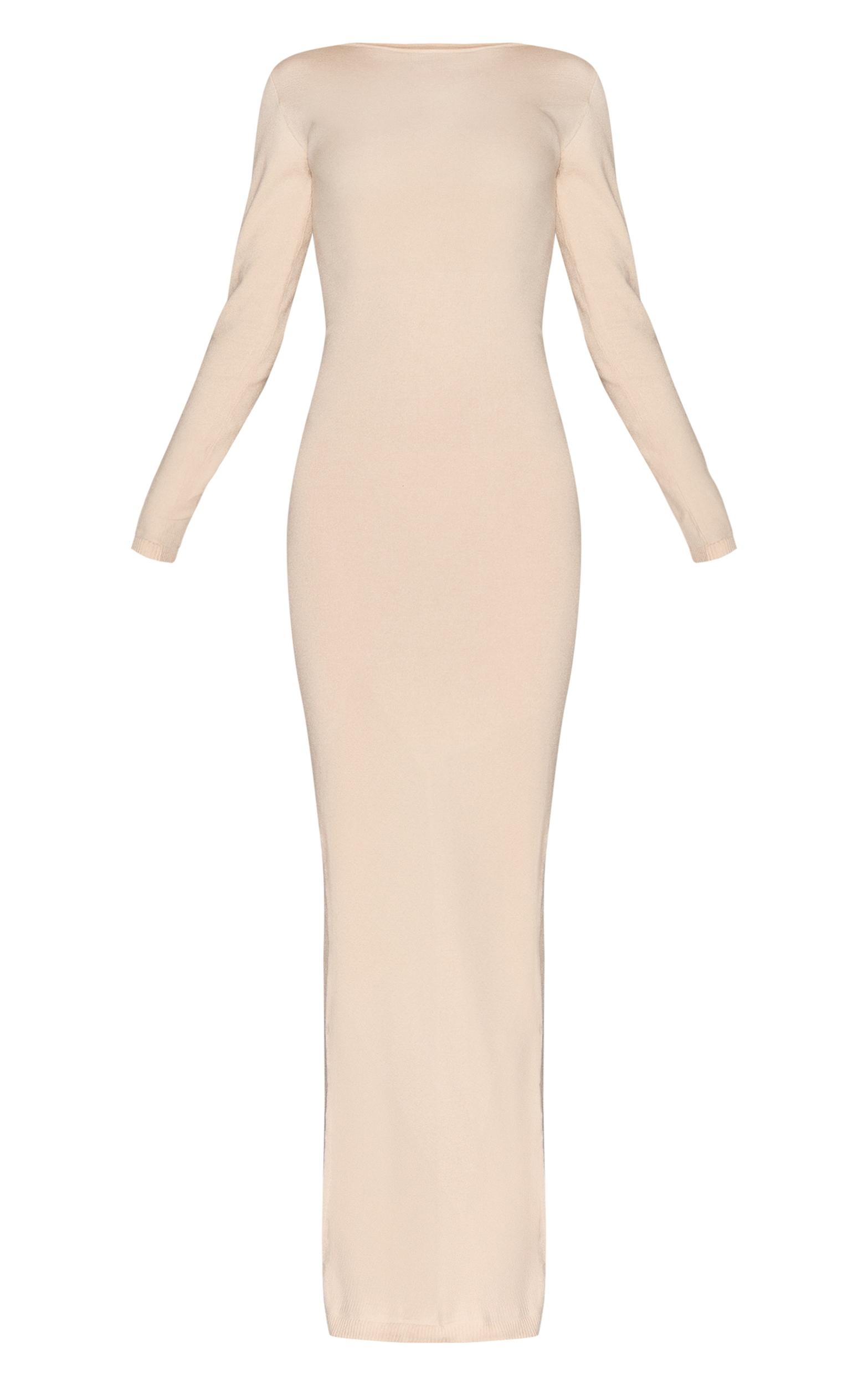 Oatmeal Basic Knit Asymmetric Neckline Long Sleeve Maxi Dress Product Image