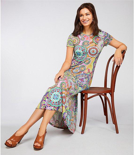 JOHNNY WAS The Janie Favorite Bamboo Knit Napperon Print Crew Neck Short Sleeve Sheath Midi Dress Product Image