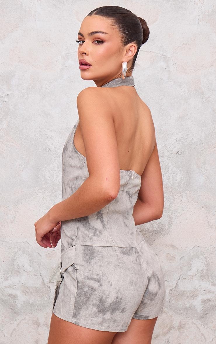 Grey Washed Twill High Neck Wrap Detail Skort Romper Product Image