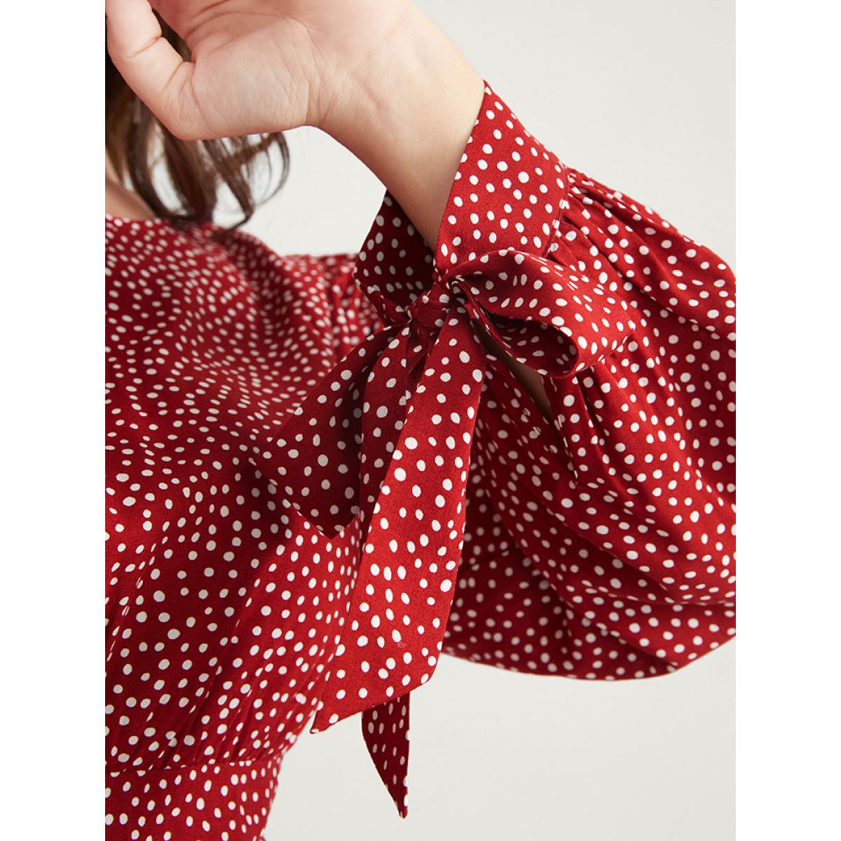 Plus Size Polka Dot Knotted Sleeve Pocket Shirred Split Dress Scarlet Women Elegant Cross straps Round Neck Long Sleeve Curvy Midi Dress BloomChic 14-16/1X Product Image