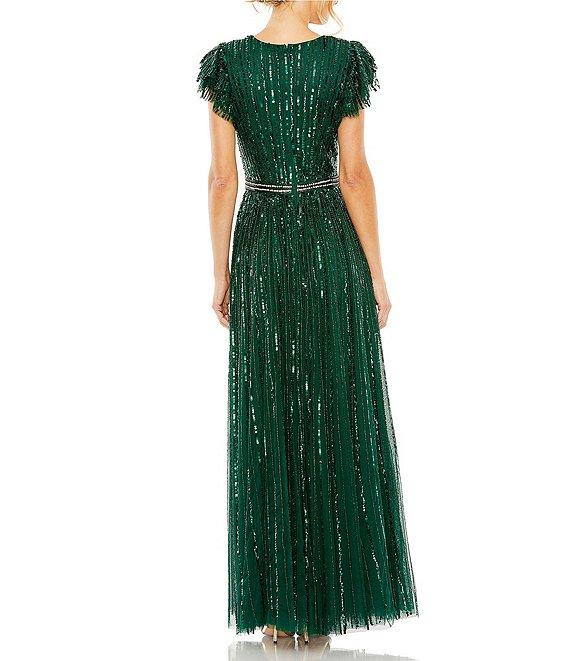 Mac Duggal Sequin Wrap Over Surplice V-Neck Ruffle Cap Sleeve Gown Product Image
