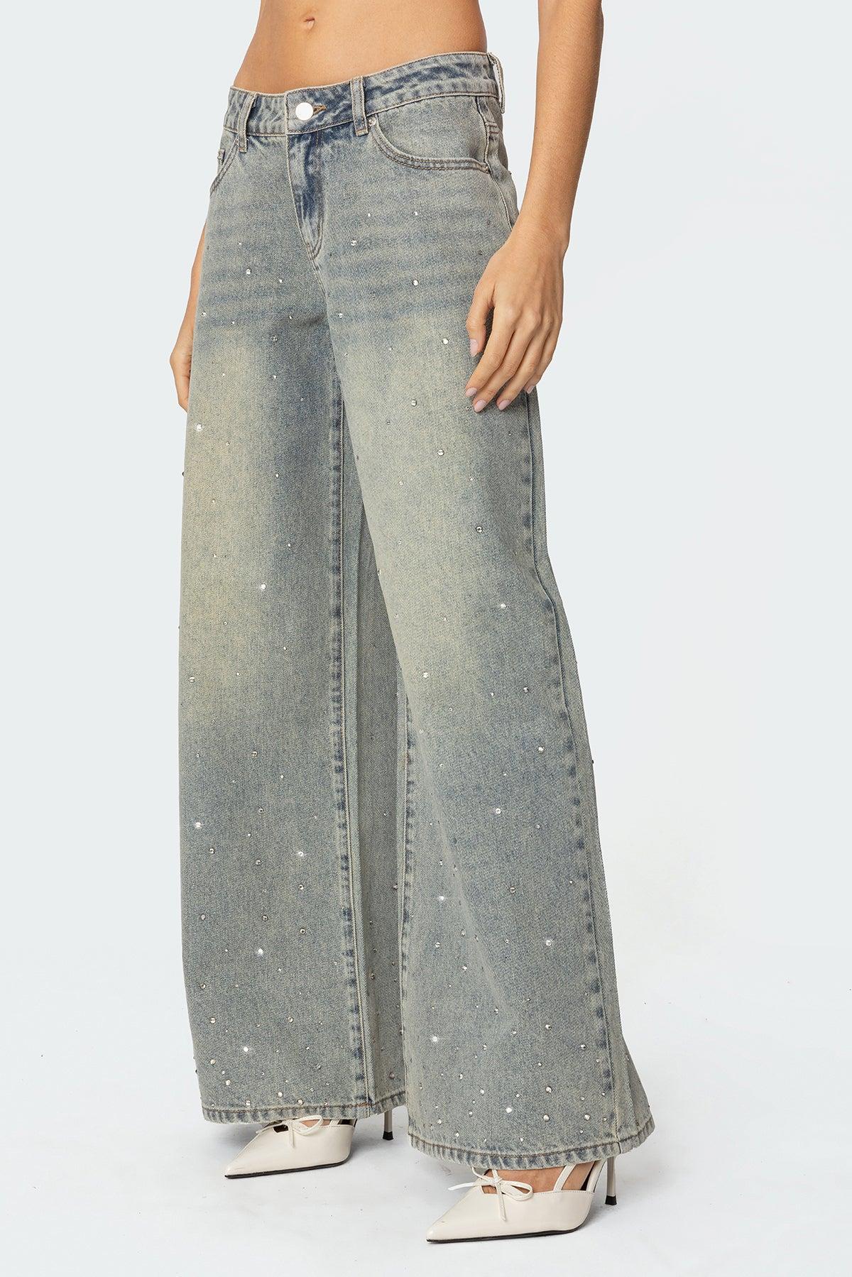 Rhinestone Washed Low Rise Baggy Jeans Product Image