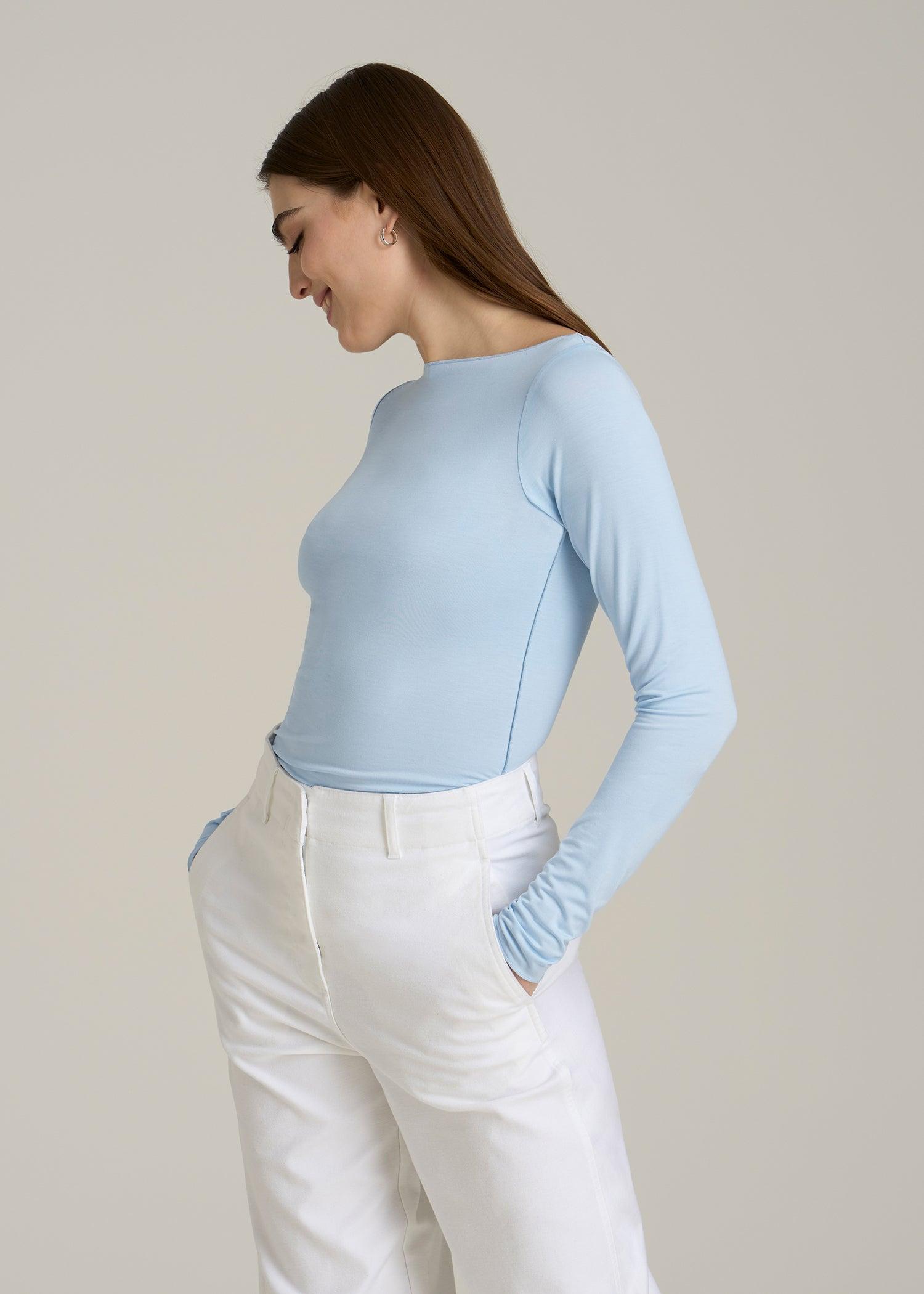 Boatneck Long Sleeve Exposed Seam Top for Tall Women in Ice Blue Female Product Image