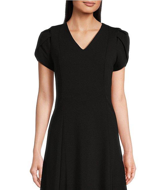 Calvin Klein Scuba Crepe Short Tulip Sleeve V-Neck A-Line Midi Dress Product Image