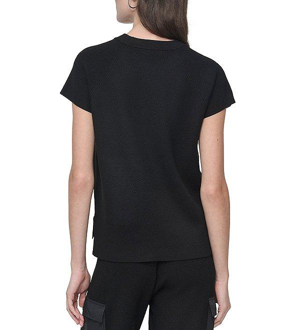 DKNY by Donna Karan Mixed Media Satin Cargo Pocket Crew Neck Short Sleeve Top Product Image