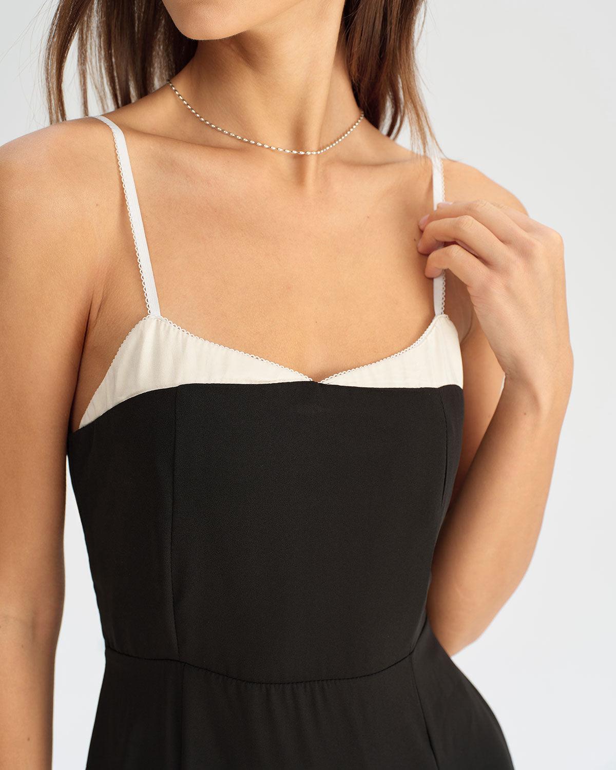 Black Contrasting A-Line Slip Midi Dress Product Image