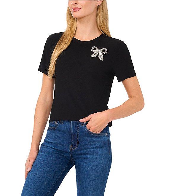 CeCe Crew Neck Short Sleeve Embellished Bow Tee Product Image