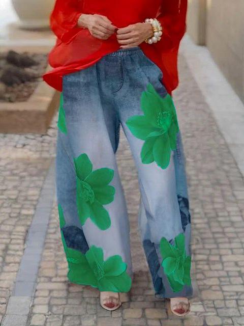 Loose Wide Leg Flower Print Jean Pants Bottoms Trousers Product Image