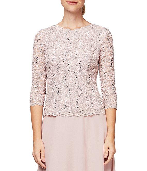 Alex Evenings Crew Neck 3/4 Sleeve Sequin Floral Lace Bodice Chiffon A-Line Midi Dress Product Image