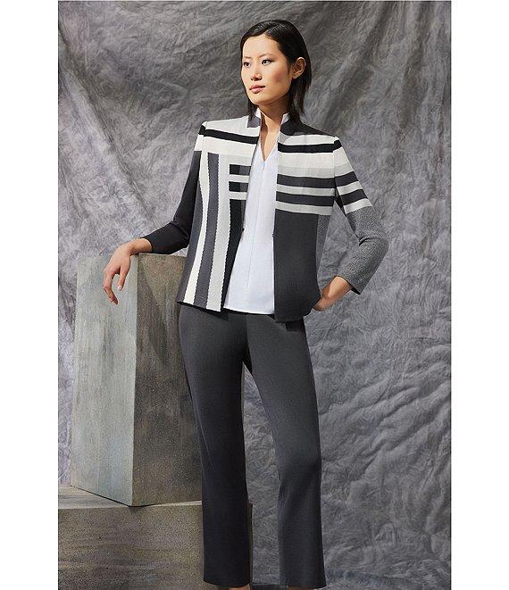 Ming Wang Intarsia Color Block Stripe Knit Mandarin Collar Bracelet Sleeve Jacket Product Image