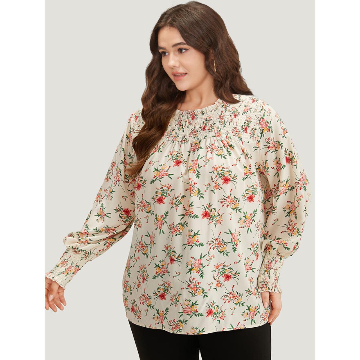 Plus Size White Floral Print Shirred Frill Trim Blouse Women Elegant Long Sleeve Round Neck Dailywear Blouses BloomChic 12/L Product Image