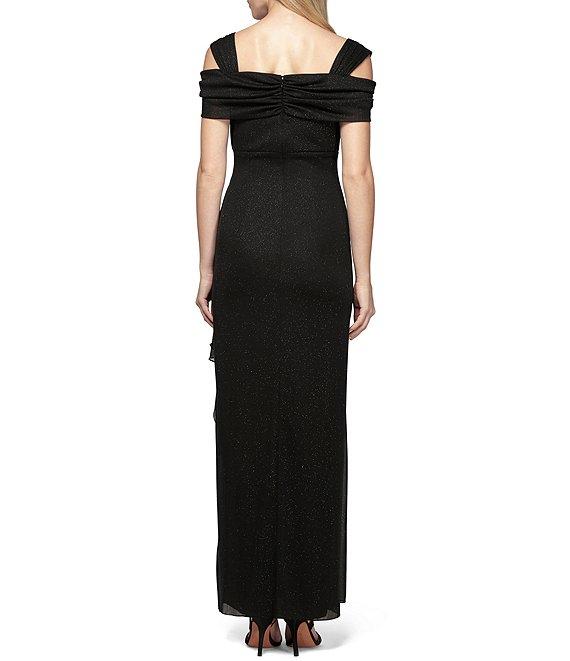 Alex Evenings Petite Size Cowl Square Neck Cap Sleeve Cold Shoulder Ruched Side Glitter Mesh Gown Product Image