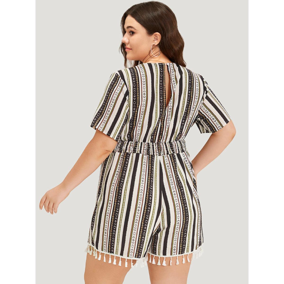 Plus Size Multicolor Boho Print Shirred Cut Out Tassel Trim Romper Women Elegant Short sleeve V-neck Dailywear Loose Jumpsuits BloomChic 30/6X Product Image