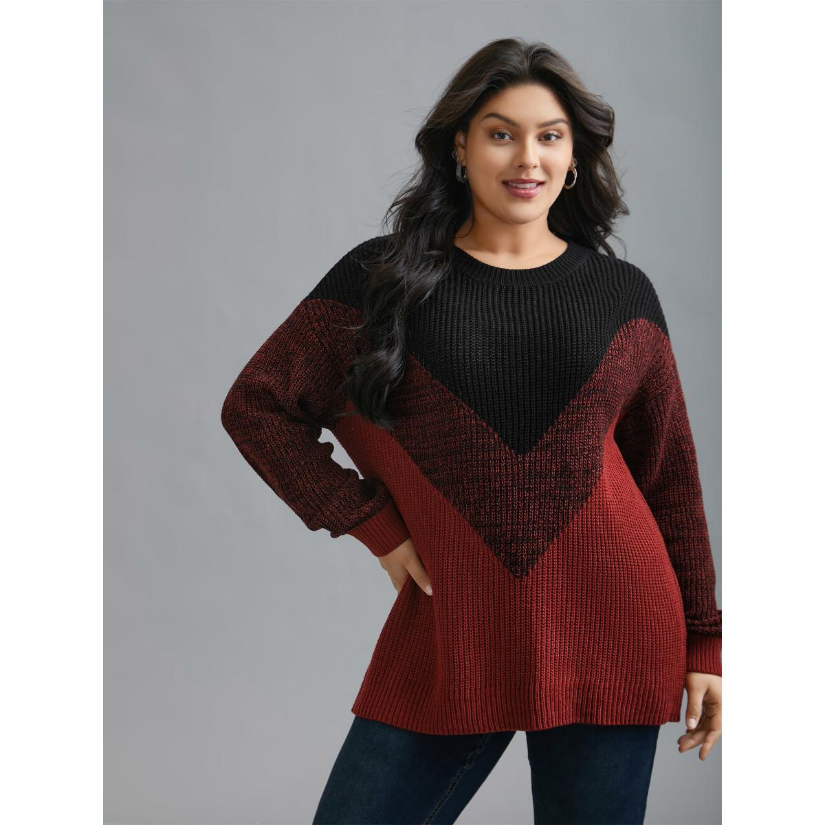 Plus Size Textured Balloon Sleeves Color Block Pullover Deepred Women Casual Loose Long Sleeve Round Neck Everyday Pullovers BloomChic 30/6X Product Image