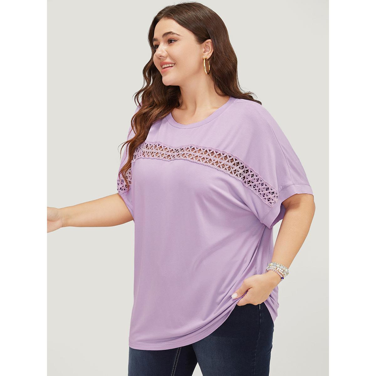 Plus Size Solid Batwing Sleeve Eyelet Lace T-shirt Lilac Women Elegant Lace Plain Round Neck Dailywear T-shirts BloomChic 22-24/3X Product Image