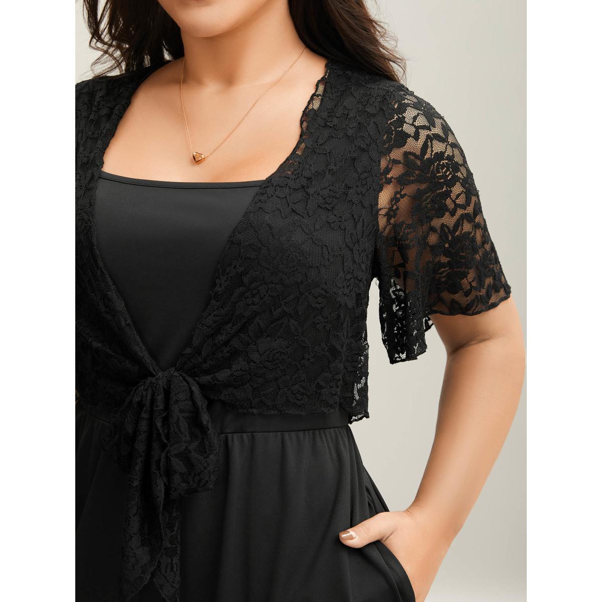 Plus Size Black Front-Tie Sheer Lace Sleeve Jumpsuit Women Elegant Short sleeve Asymmetrical Neck Everyday-Elegant Loose Jumpsuits BloomChic 14-16/1X Product Image
