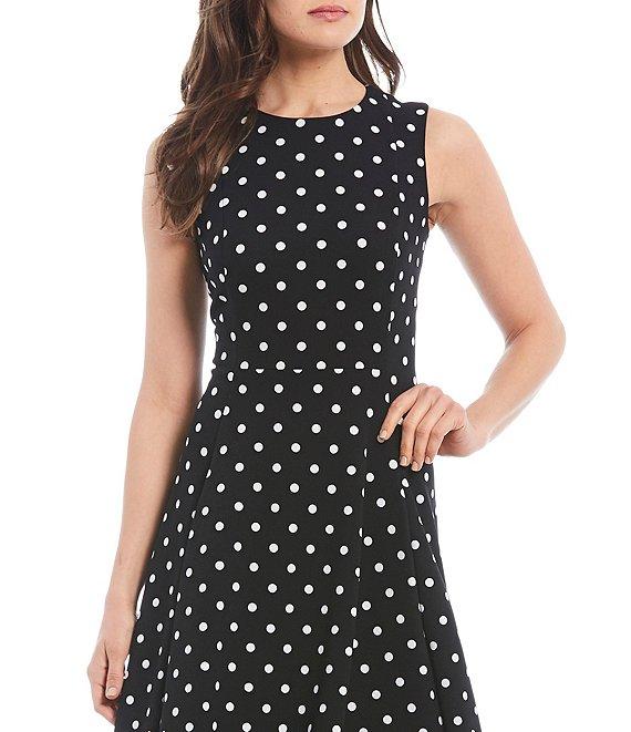 Calvin Klein Polka Dot Scuba Crepe Sleeveless Crew Neck Midi Dress Product Image