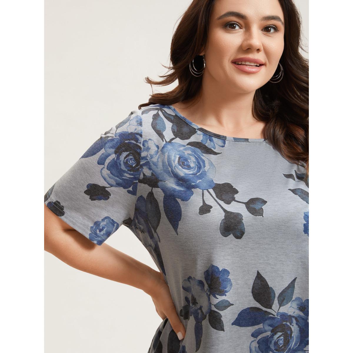 Plus Size Floral Print Round Neck Fitted T-Shirt DarkGray Women Leisure Non Natural Flowers Boat Neck Casual T-shirts BloomChic 28/5X Product Image