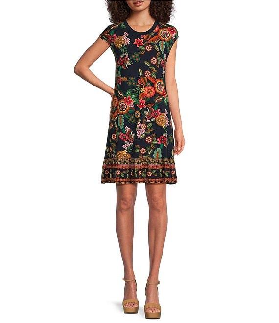JOHNNY WAS Janie Favorite Floral Print Knit Jersey Crew Neck Sleeveless Tiered Hem A-Line Dress Product Image