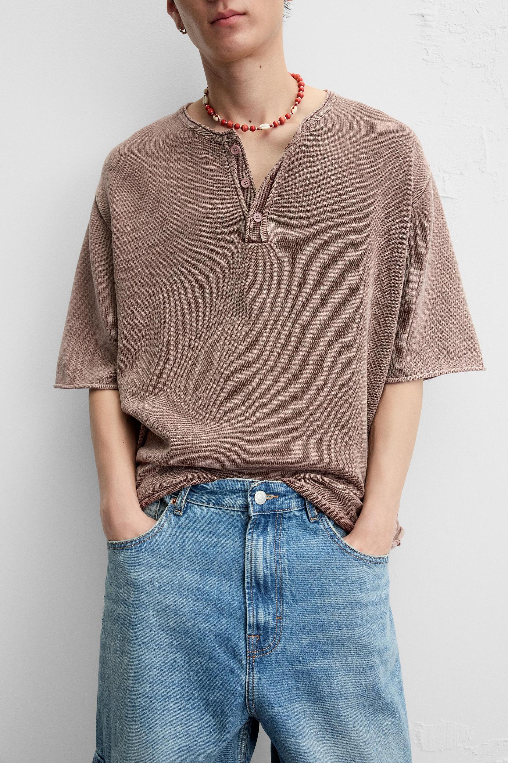 WASHED KNIT BUTTON-UP T-SHIRT Product Image