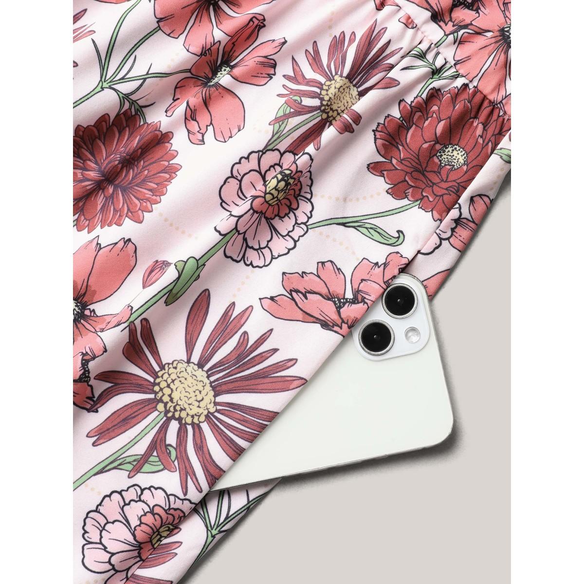 Plus Size Ruffled Floral Print Stretchy-Waist Midi Dress Multicolor Women Romantic Ruffles Round Neck Cap Sleeve Curvy BloomChic 22-24/3X Product Image