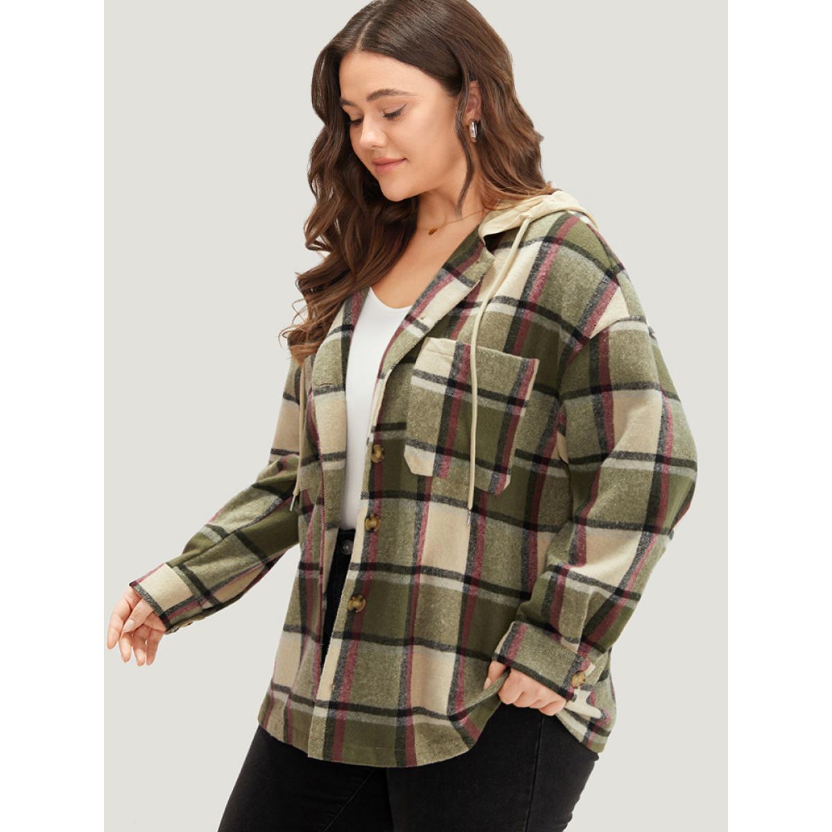 Plus Size Plaid Hooded Drawstring Pocket Coat Women Multicolor Contrast Pocket Dailywear Jackets BloomChic 18-20/2X Product Image